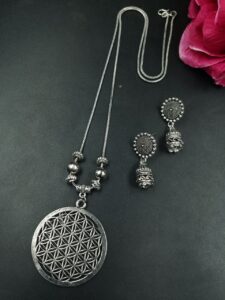 Round Shape Oxidized German Silver Chain Necklace Set for Women Traditional Ethnic Jewelry