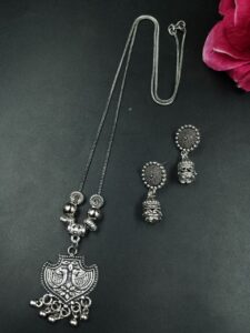 Peacock Design Ghungroo Oxidized German Silver Chain Necklace Set for Women