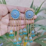 Gold Plated Traditional Blue Meenakari Jhumka Chain Earrings with Elegant Ethnic Charm