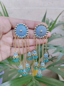 Gold Plated Traditional Blue Meenakari Jhumka Chain Earrings with Elegant Ethnic Charm