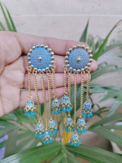 Gold Plated Traditional Blue Meenakari Jhumka Chain Earrings with Elegant Ethnic Charm