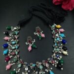 Adjustable Thread Oxidized Necklace Set with Stone and Pearl Work for Women Traditional Ethnic Jewelry - "Multi"