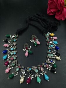 Adjustable Thread Oxidized Necklace Set with Stone and Pearl Work for Women Traditional Ethnic Jewelry — "Multi"