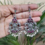 Artistic Peacock Design Silver Plated Hook Earrings Featuring Stone and Pearl Work