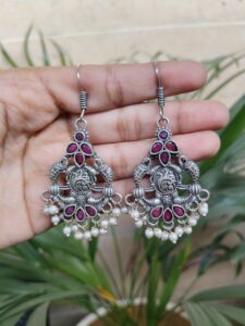 Artistic Peacock Design Silver Plated Hook Earrings Featuring Stone and Pearl Work