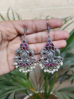 Artistic Peacock Design Silver Plated Hook Earrings Featuring Stone and Pearl Work