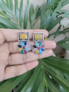 Unique Flower Design Silver Plated Stud Earrings with Elegant Stone Work