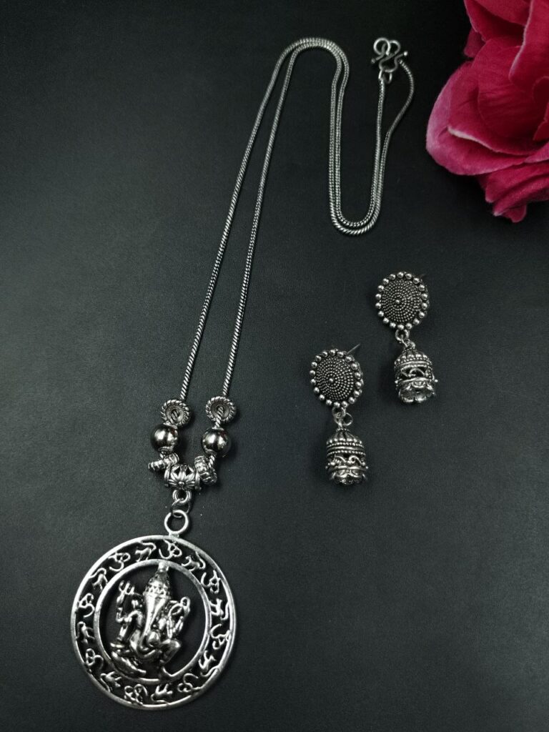 Ganesha Design Round Oxidized German Silver Chain Necklace Set for Women