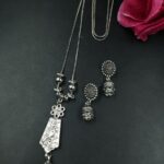 Floral Art Jhumki Ghungroo Oxidized German Silver Chain Necklace Set for Women Traditional Ethnic Jewelry