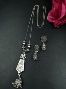 Floral Art Jhumki Ghungroo Oxidized German Silver Chain Necklace Set for Women Traditional Ethnic Jewelry