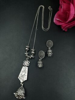 Floral Art Jhumki Ghungroo Oxidized German Silver Chain Necklace Set for Women Traditional Ethnic Jewelry