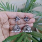 Silver Plated Floral Art Jhumka Earrings with Beautiful Stone and Pearl Work Design