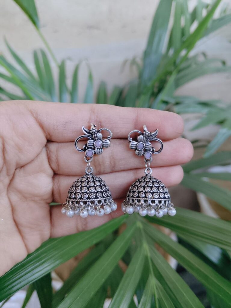 Silver Plated Floral Art Jhumka Earrings with Beautiful Stone and Pearl Work Design