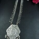 Floral Art Silver Plated Oxidized Chain Necklace with Elegant Pearl Work Jewelry