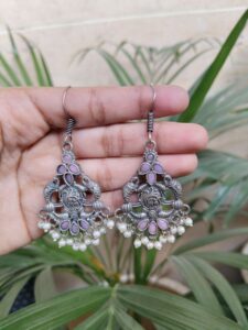 Traditional Peacock Design Hook Earrings in Silver Plated Finish with Stone and Pearl Work