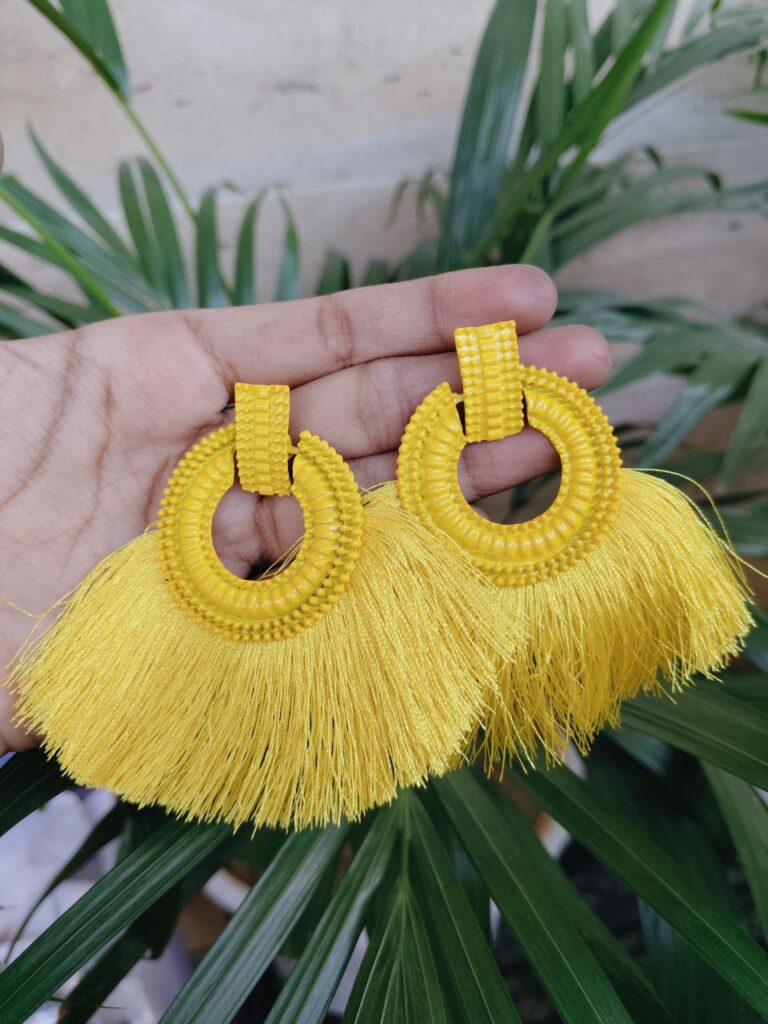 Boho Yellow Thread Tassel Hoop Earrings in Trendy and Stylish Tassel Design