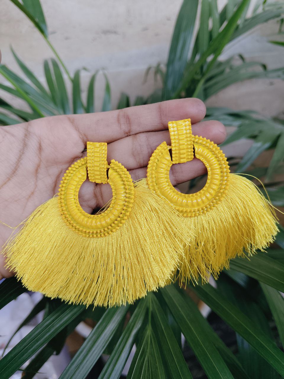 Boho Yellow Thread Tassel Hoop Earrings in Trendy and Stylish Tassel Design 1 Boho Yellow Thread Tassel Hoop Earrings in Trendy and Stylish Tassel Design
