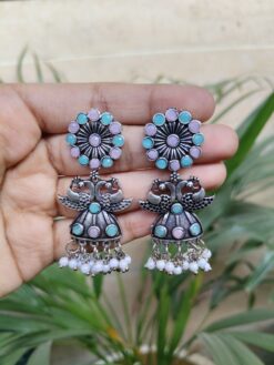 Graceful Peacock Design Silver Plated Dangler Earrings with Stone and Pearl Work