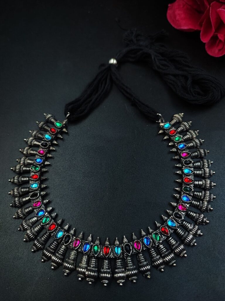 German Silver Stone Thread Choker Necklace for Women with Traditional Ethnic Style