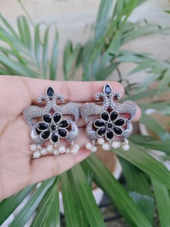 Oxidized Silver Plated Flower Design Earrings with Elegant Stone and Pearl Work