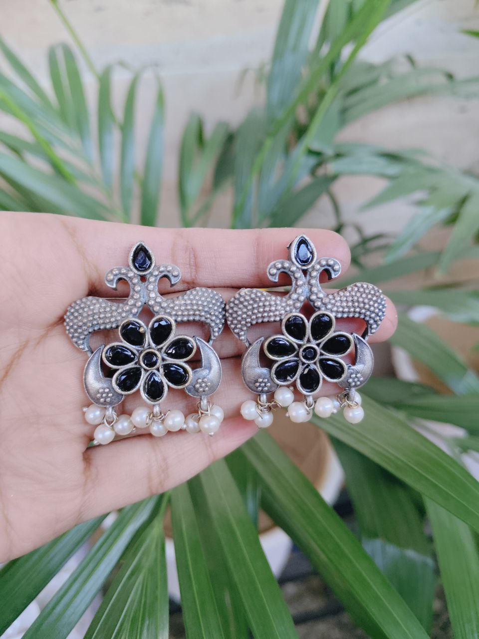 Oxidized Silver Plated Flower Design Earrings with Elegant Stone and Pearl Work 1 Oxidized Silver Plated Flower Design Earrings with Elegant Stone and Pearl Work