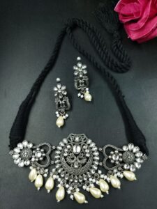 Silver Plated Beautiful Peacock Design Thread Necklace with Elegant Stone and Pearl Work