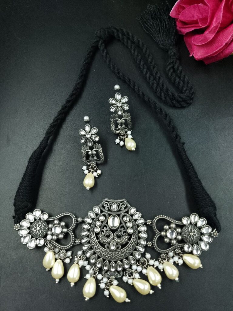 Silver Plated Beautiful Peacock Design Thread Necklace with Elegant Stone and Pearl Work