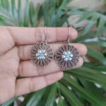 Elegant Floral Art German Silver Hook Earrings with Detailed Stone Work