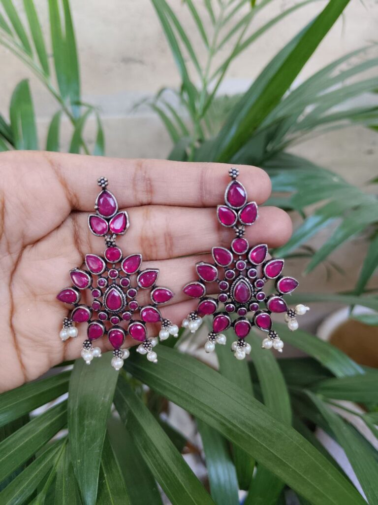 Silver Plated Dangler Earrings with Beautiful Stone and Pearl Detailing for Women