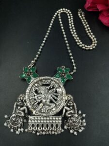 Religious Stone & Pearl Work Jhumki German Silver Necklace for Women Traditional Ethnic Jewelry — "Green"