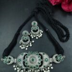 Floral Art Silver Plated Thread Necklace with Stone and Pearl Work Elegant Ethnic Jewelry