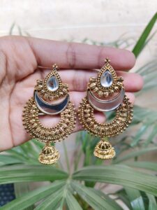 Traditional Chandbali Hanging Jhumka Earrings with Intricate Stone Work Art Design