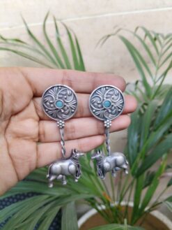 Spiritual Floral Art Silver Replica Oxidized Dangler Earrings with Intricate Stone Work