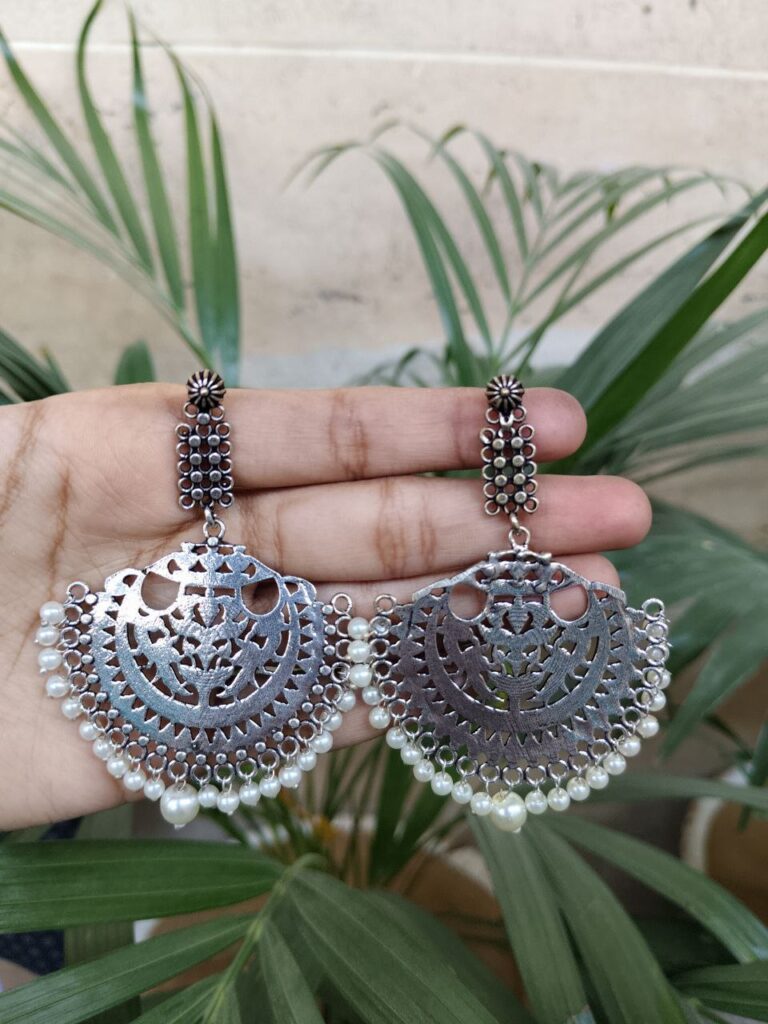 Antique Look German Silver Dangler Earrings with Elegant Pearl Work Design