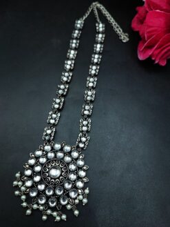 Flower Design Silver Plated Ethnic Necklace with Stone and Pearl Work
