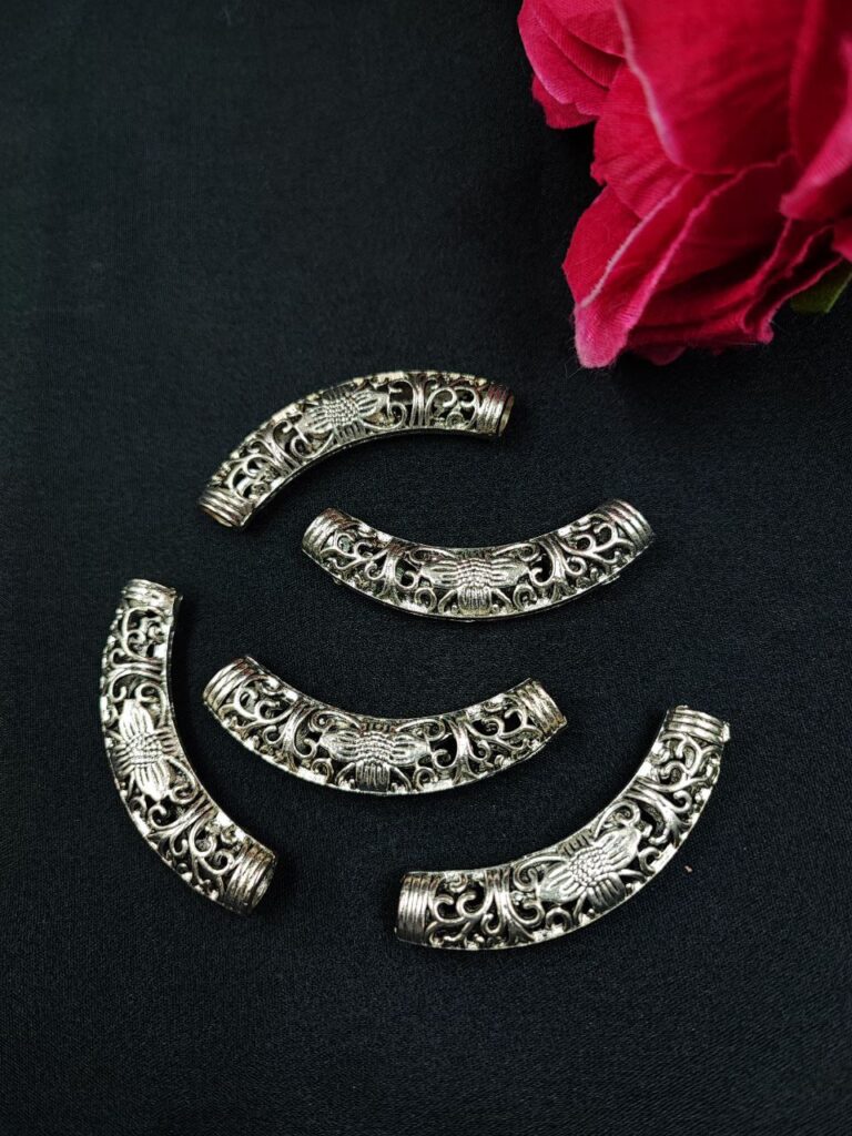Antique Flower Design Long Cylindrical Shape German Silver DIY Raw Material for Jewelry Making Craft Supplies (5 piece)