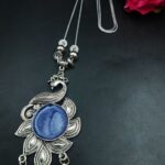 Peacock Design Silver Plated Chain Pendant with Elegant Stone and Pearl Work
