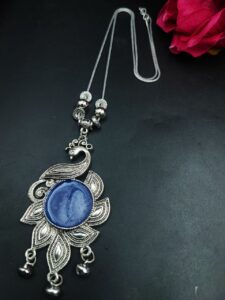 Peacock Design Silver Plated Chain Pendant with Elegant Stone and Pearl Work