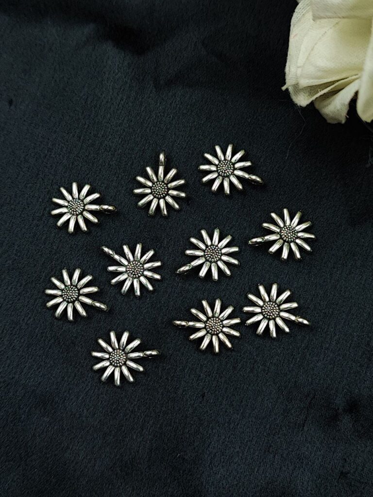 Handcrafted Flowerl Motif German Silver Charm Raw Material for DIY Jewelry Making (10 piece)