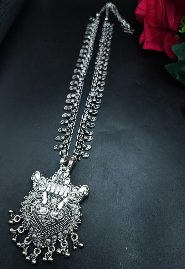 Tribal Look Boho Style Peacock Design Silver Plated Necklace with Ethnic Charm