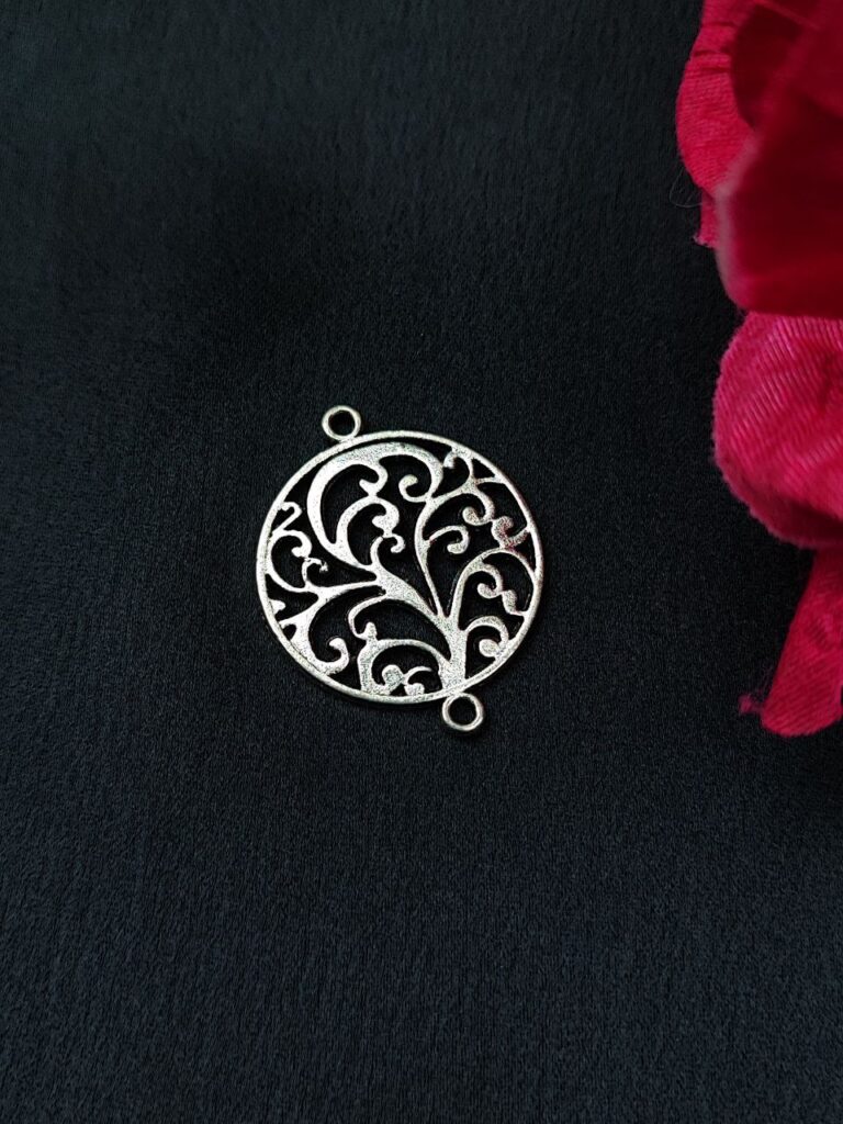 Simple Round Shape Floral Art Ethnic Look German Silver Charm Raw Material