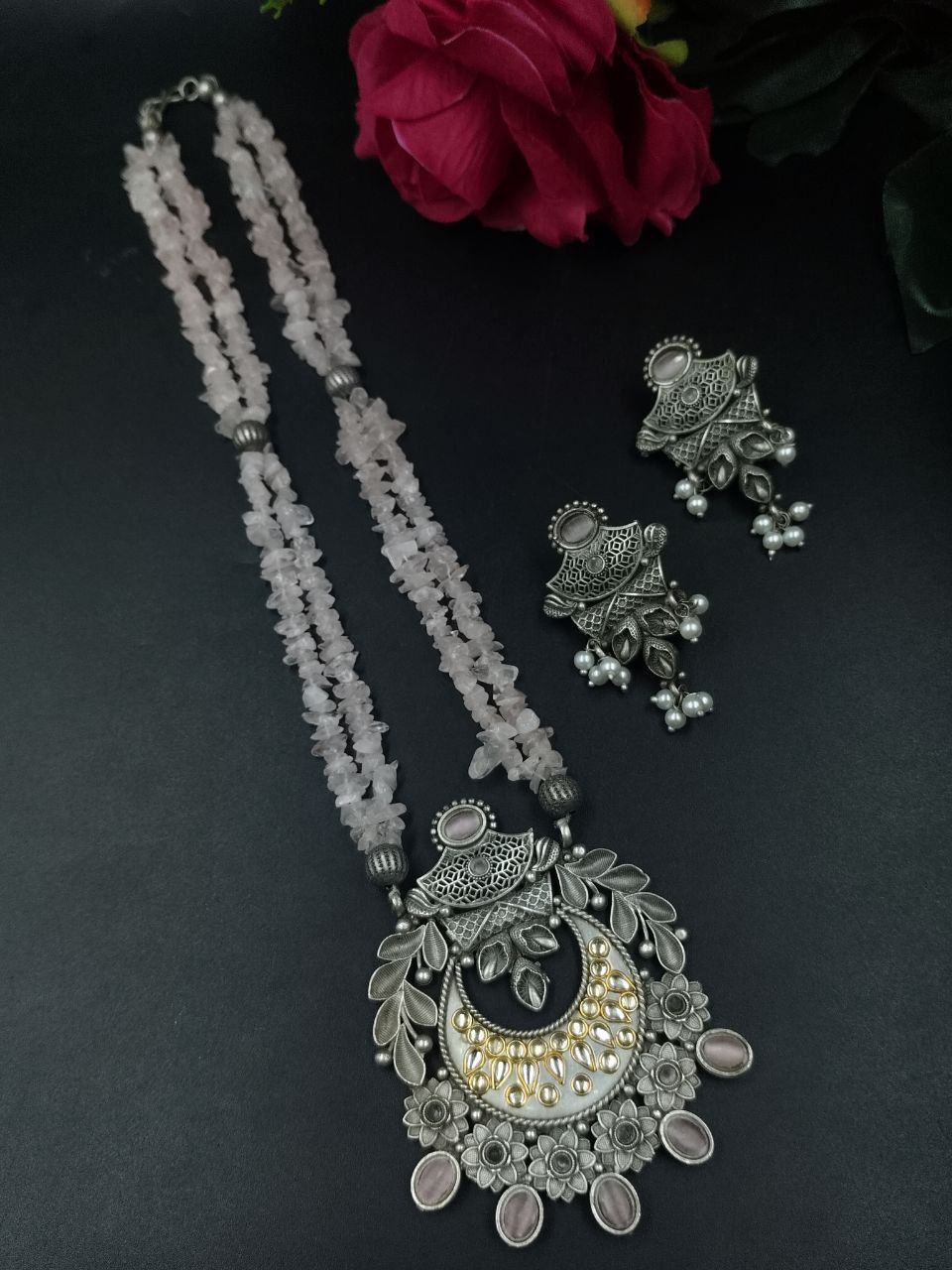 Floral Art Silver Plated Necklace with Stone, Pearl and Rose Quartz Work 1 Floral Art Silver Plated Necklace with Stone, Pearl and Rose Quartz Work