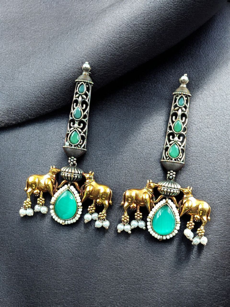 Premium Look Nandi Design Two-Tone Earrings | Stone & Pearl Work Beautiful Statement Jewelry 2 Premium look Nandi design two-tone stone and pearl earrings