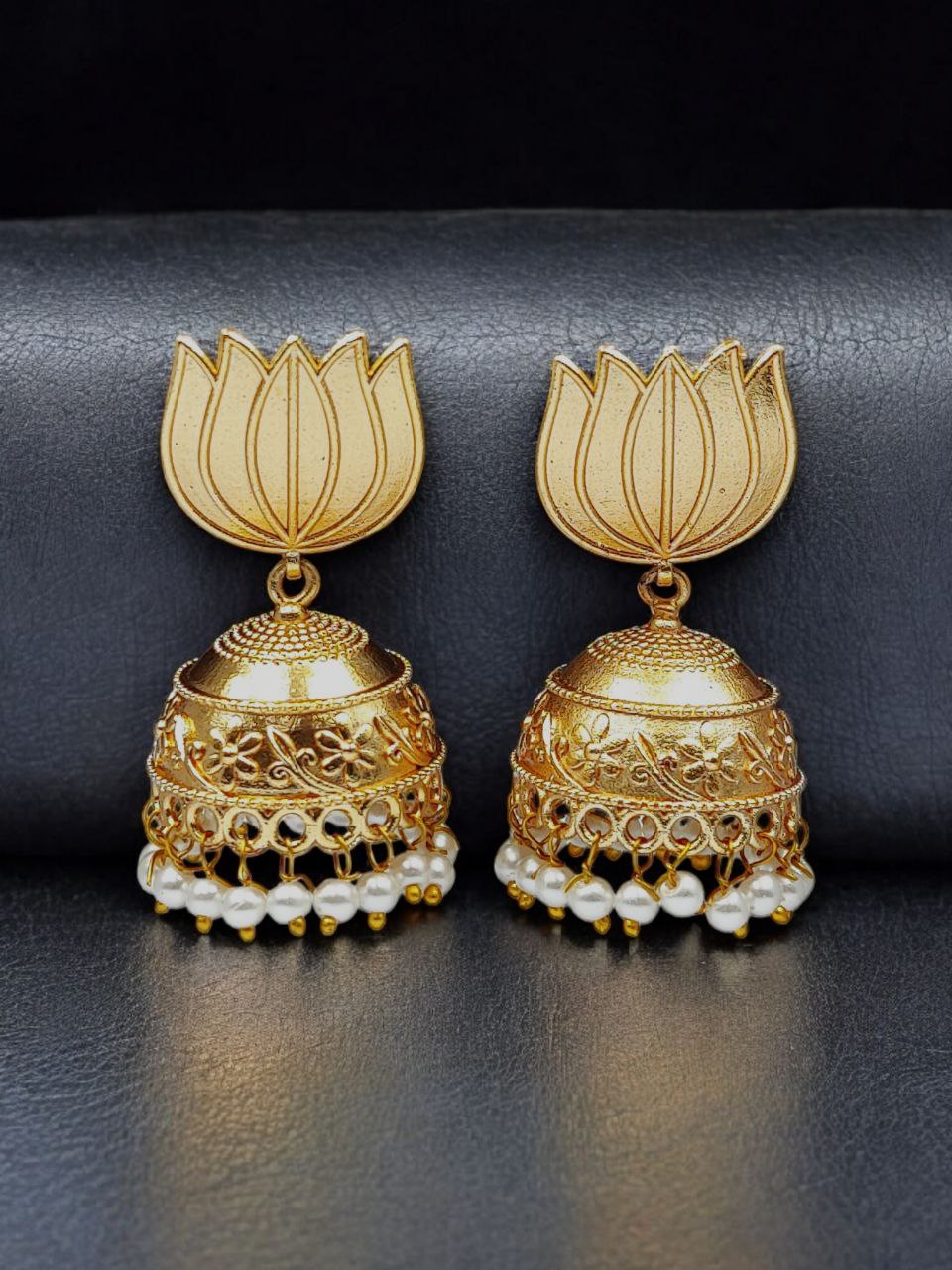 Beautiful Gold Plated Lotus Jhumka Earrings | Pearl Detailing Traditional Dangler Jewelry 3 Gold plated lotus jhumka earrings with pearl detailing