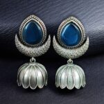 Traditional Oxidized Jhumka Earrings | Silver Replica Monalisa Stone Perfect Jewelry Gift for Her - "Blue"