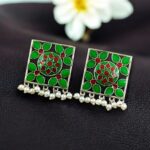 Traditional Silver Plated Meenakari Stud Earrings | Oxidized Pearl Work Amazing Jewelry - "Green-Red"