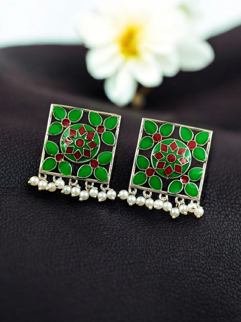 Traditional Silver Plated Meenakari Stud Earrings | Oxidized Pearl Work Amazing Jewelry 2 Silver plated meenakari stud earrings with oxidized finish and pearl work