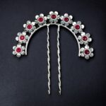 Ethnic Silver Plated Flower Bun Stick | Beautiful Hair Accessory with Stone Work - "Red"
