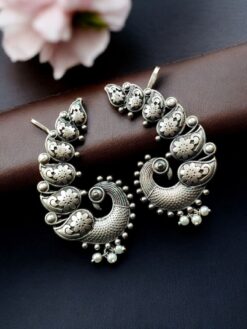 Silver replica unique peacock design earcuff with pearl work