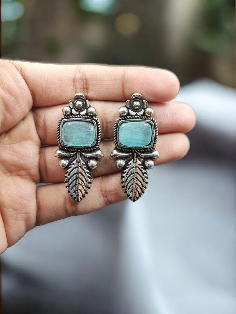 Traditional Silver Plated Leaf Design Earrings with Oxidized Finish 2 Traditional Silver Plated Leaf Design Earrings with Oxidized Finish - Image 2